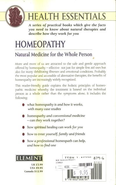 Homeopathy Natural Medicine for the Whole Person by  Peter Adams Back Cover