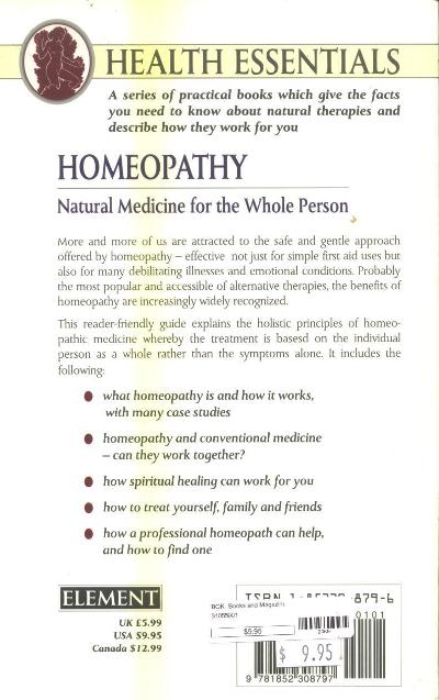Homeopathy Natural Medicine for the Whole Person by Peter Adams Back Cover